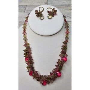 18" Pink, Green, Smoky Acrylic & Gold Tone Beaded Necklace and Earring Set